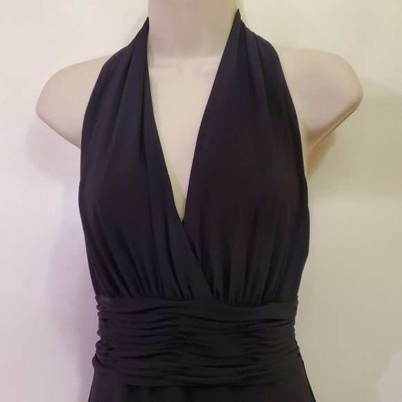 Jones Wear Dress Black Deep V-Neckline Halter, Ruched Waist Midi Dress, Size 8 - Picture 5 of 13